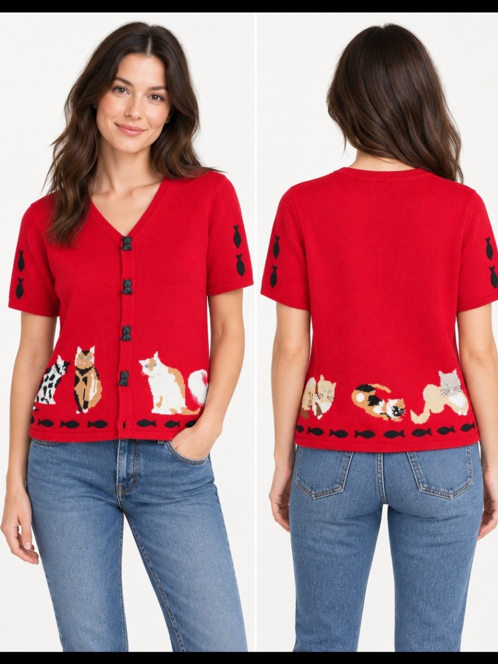 Red Cat-Print Kids Cardigan Sweater